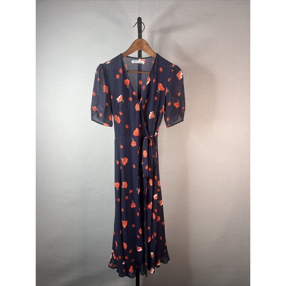 Reformation Wrap Dress Womens XS Napa Cha Cha Blue Red Floral Midi Dainty - Picture 1 of 11